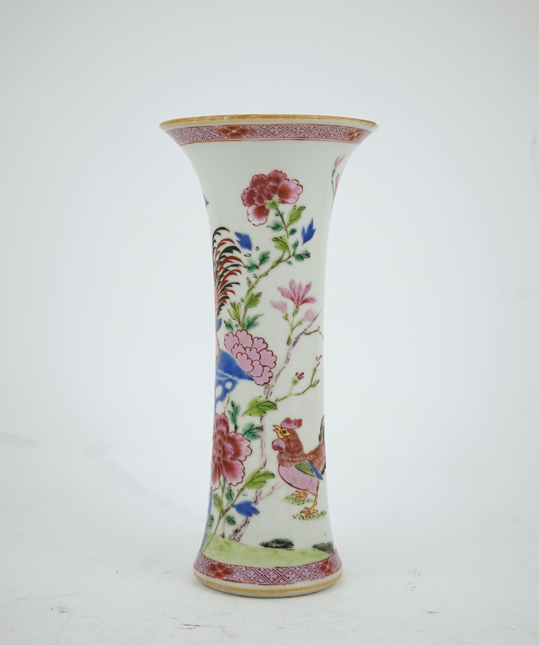 A Chinese famille rose ‘cockerel’ beaker vase, Qianlong period